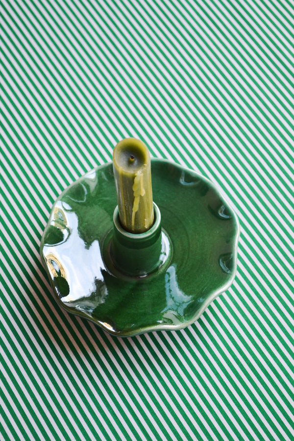 Green Glazed Frilled Candle Holder