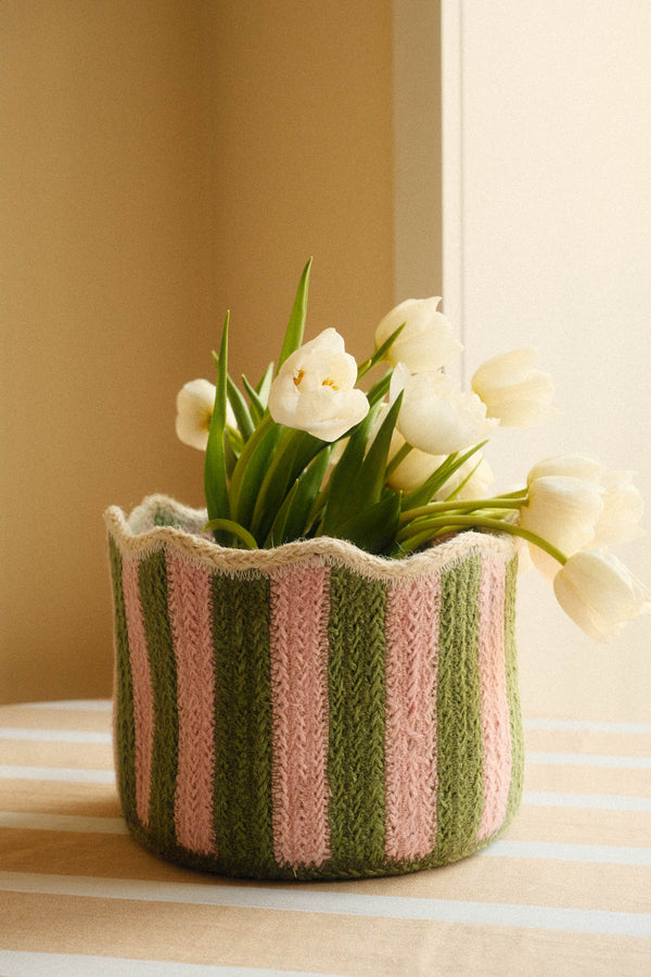 Scalloped Braided Striped Jute Basket - Pink, Green and Natural