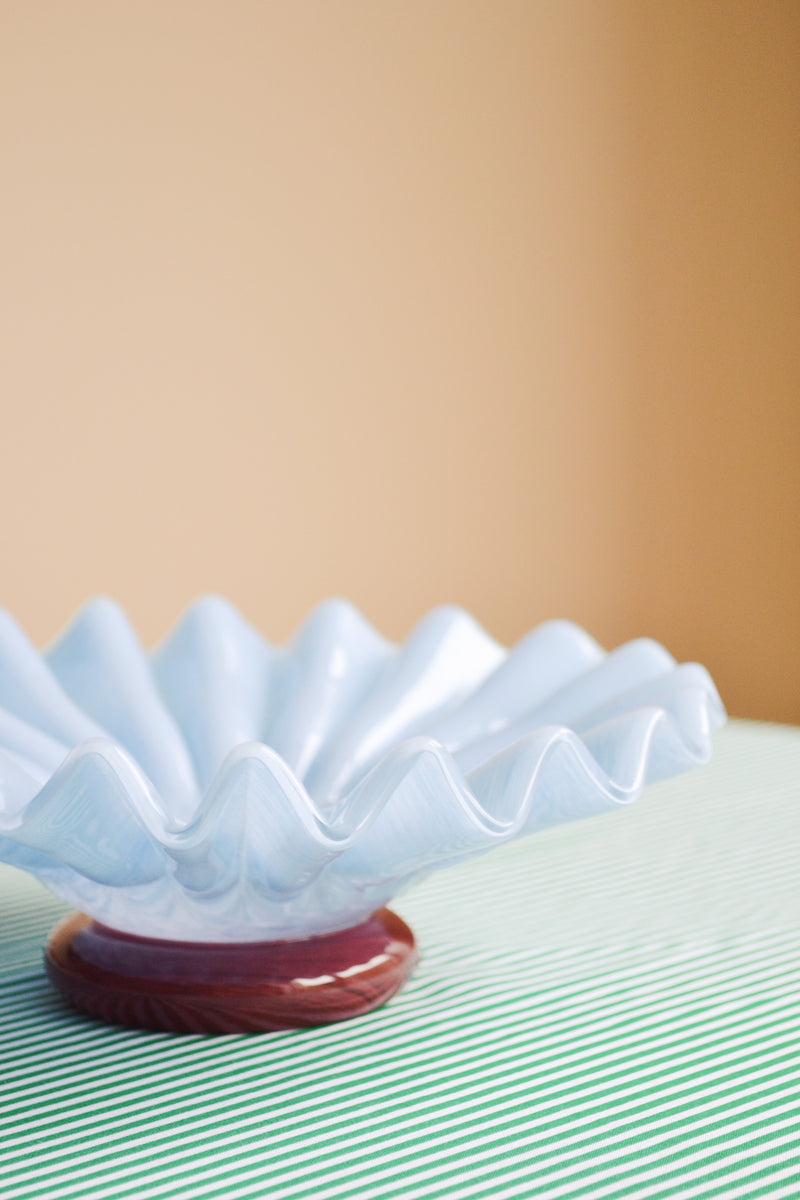 Sky Blue and Bordeaux Pleated Mouth Blown Glass Bowl