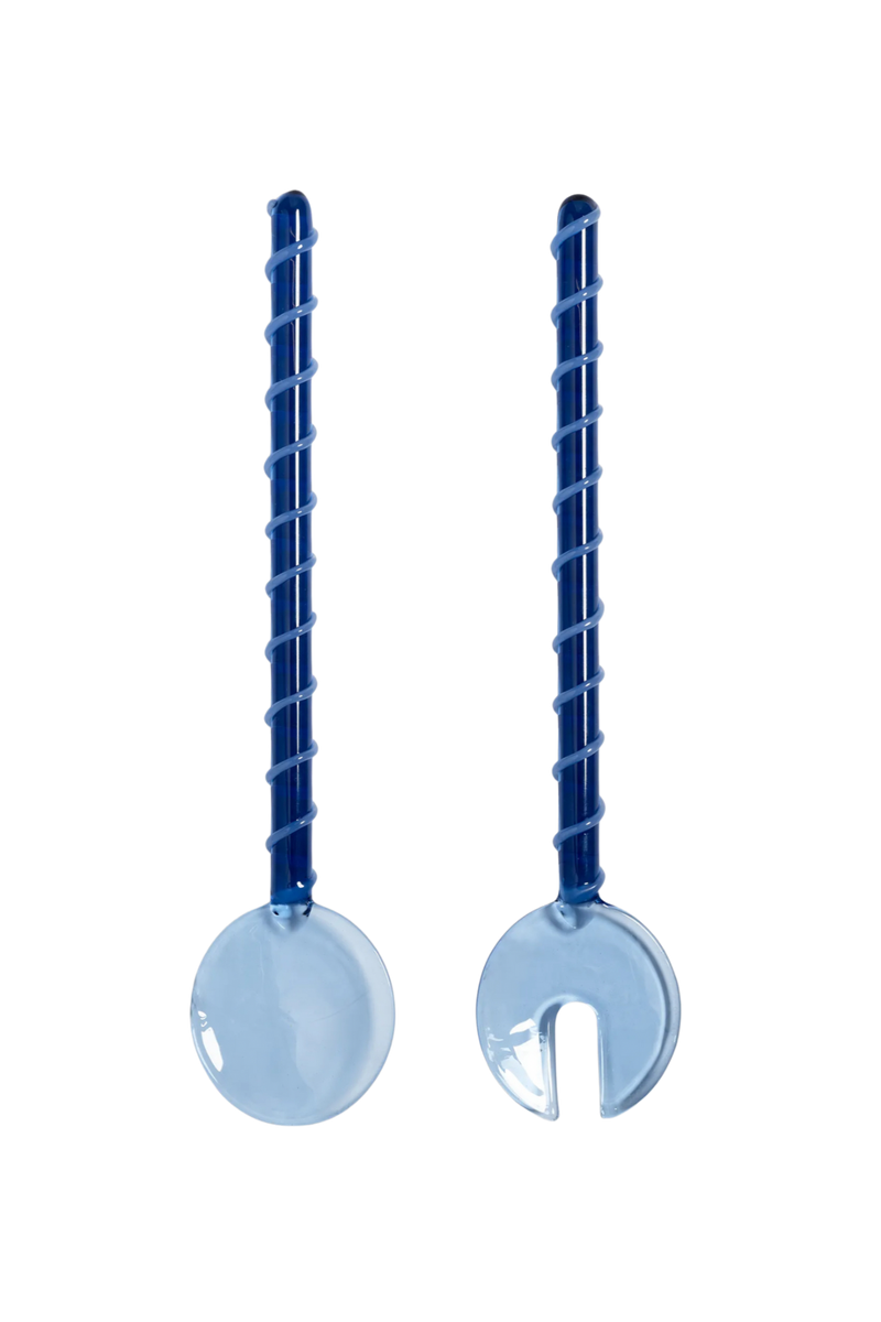 Set of Two Spiral Blue Glass Salad Servers