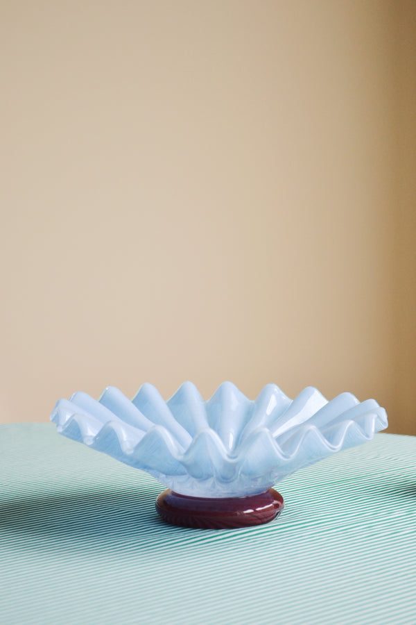 Sky Blue and Bordeaux Pleated Mouth Blown Glass Bowl