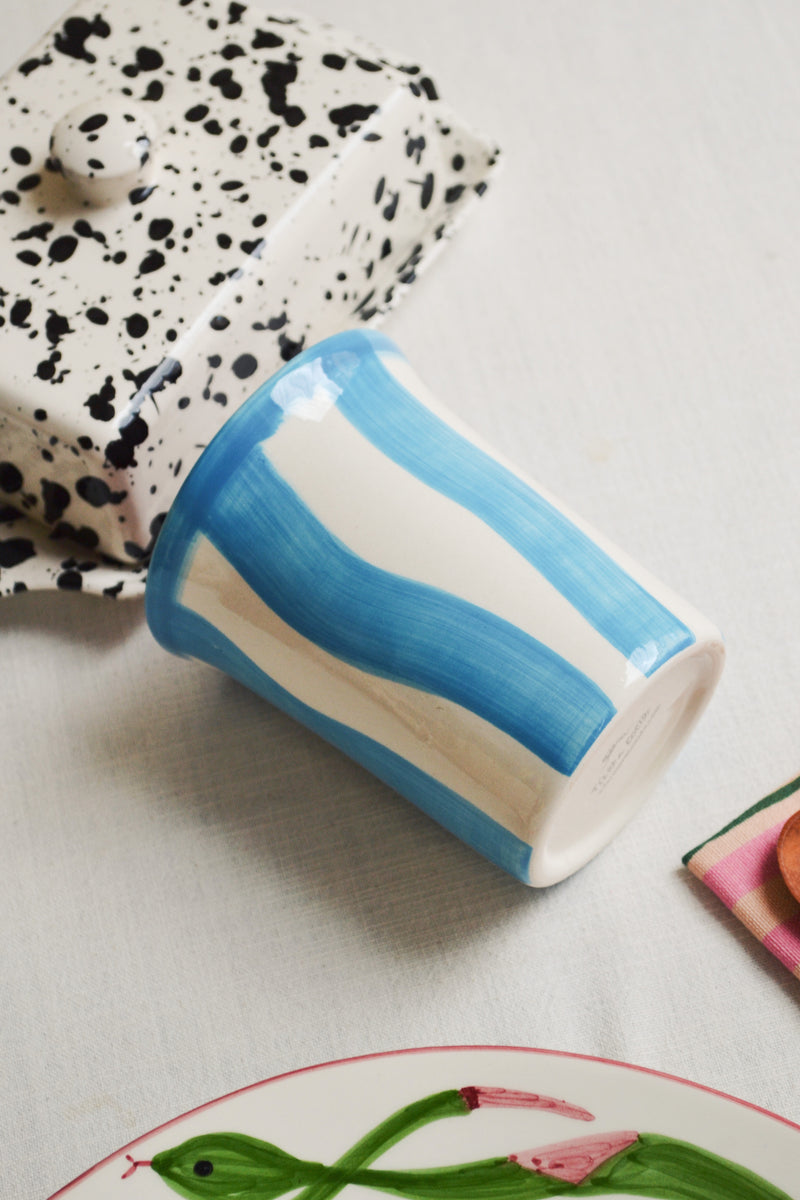 Blue and White Stripe Ceramic Cup