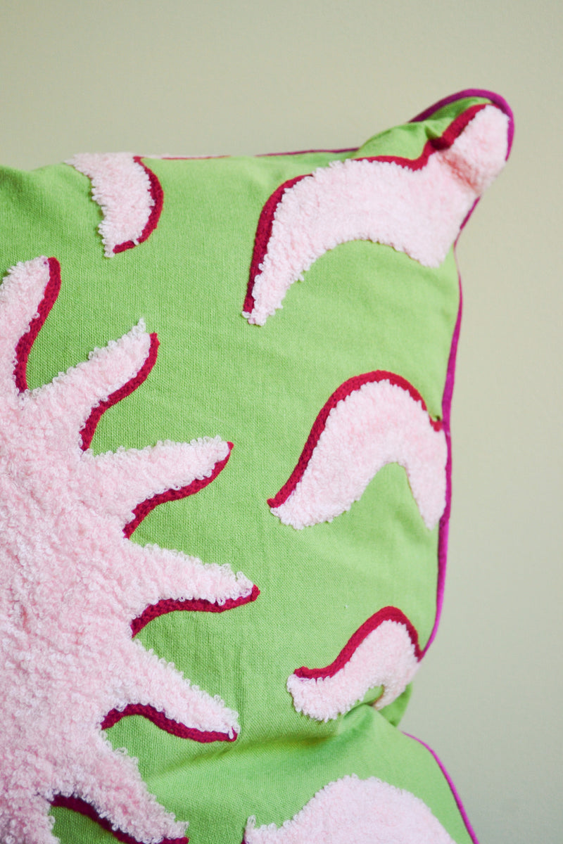 Embroidered Green and Pink Sunshine Cushion