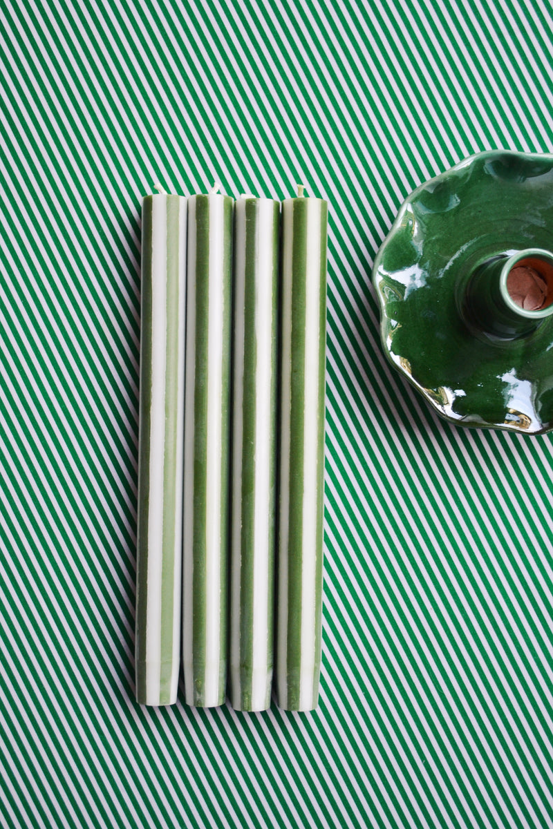 Set of Four Stripe Dinner Candles - Moss Green and White