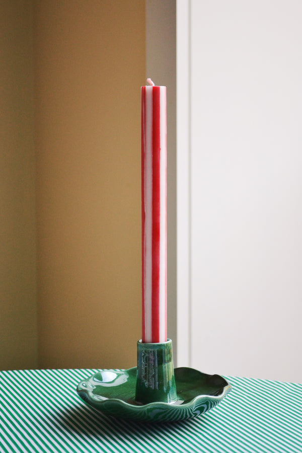 Set of Four Stripe Dinner Candles - Bright Red and White