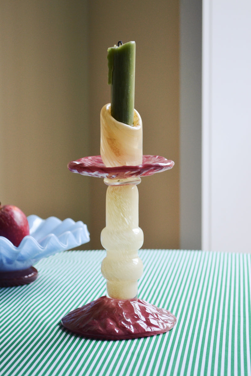 Beige and Bordeaux Mouth blown Glass Candlestick Holder