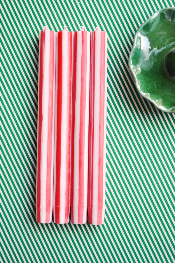 Set of Four Stripe Dinner Candles - Bright Red and White