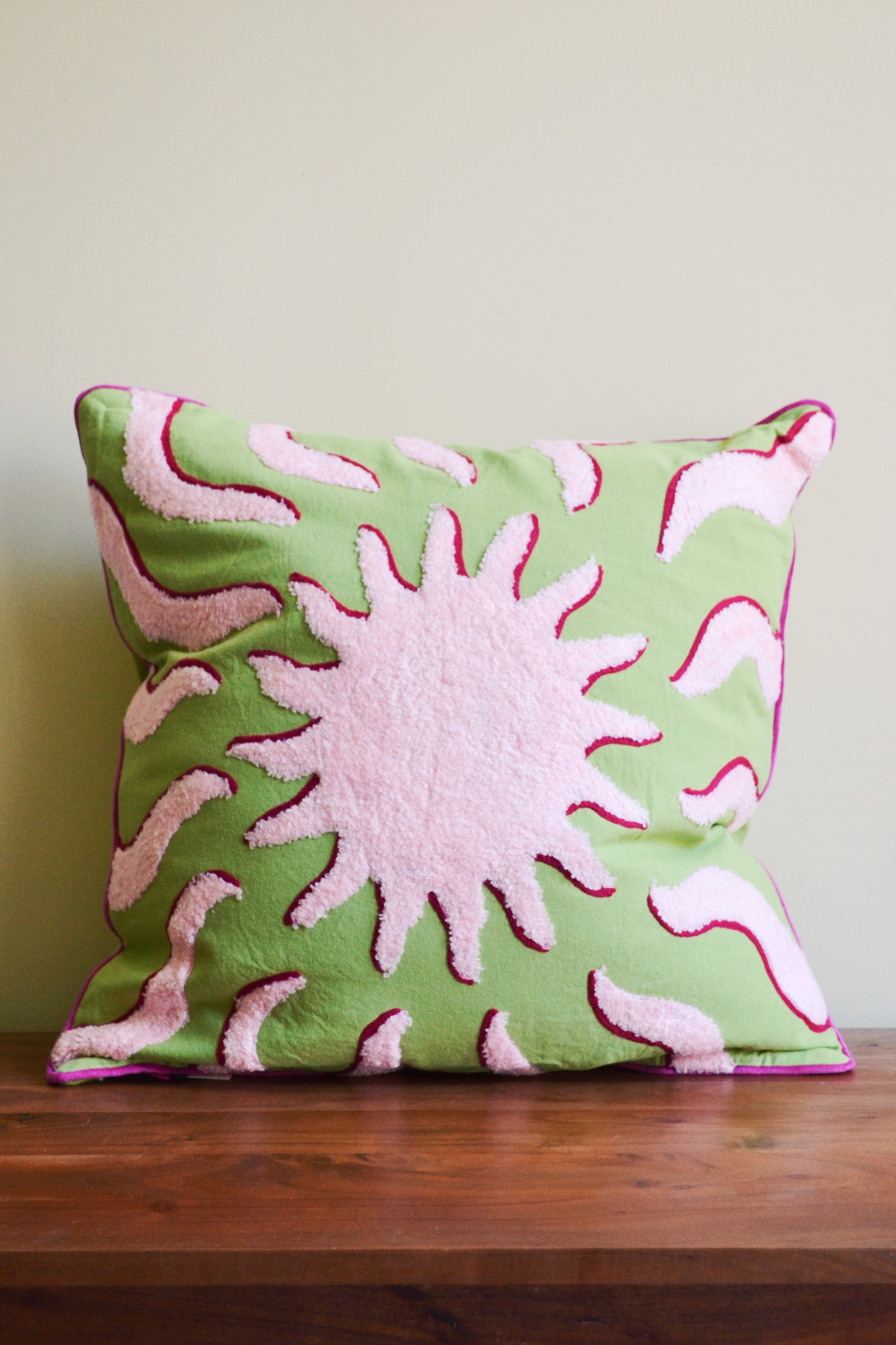 Embroidered Green and Pink Sunshine Cushion Spicer and Wood