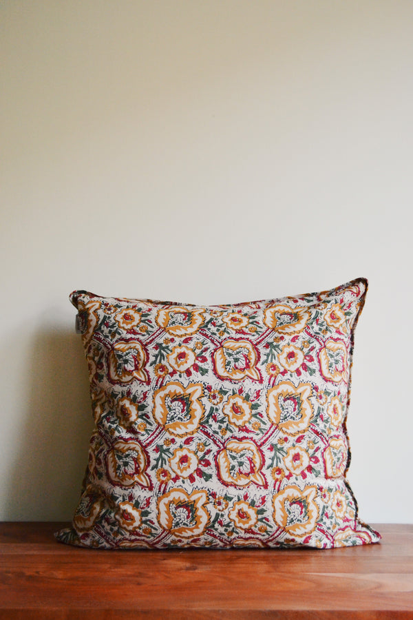 Beige, Tomato, Hemp and Green Printed Floral Cushion