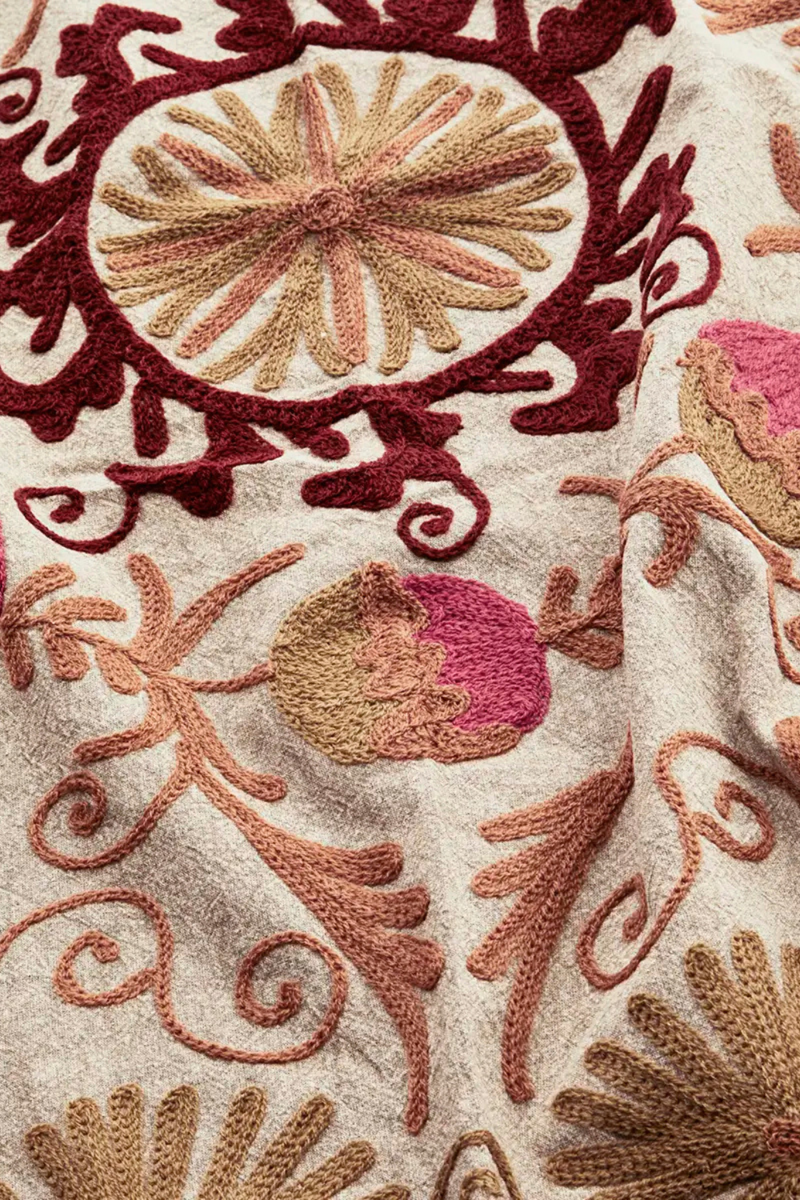 Suzani Embroidered Cotton Throw - Taupe