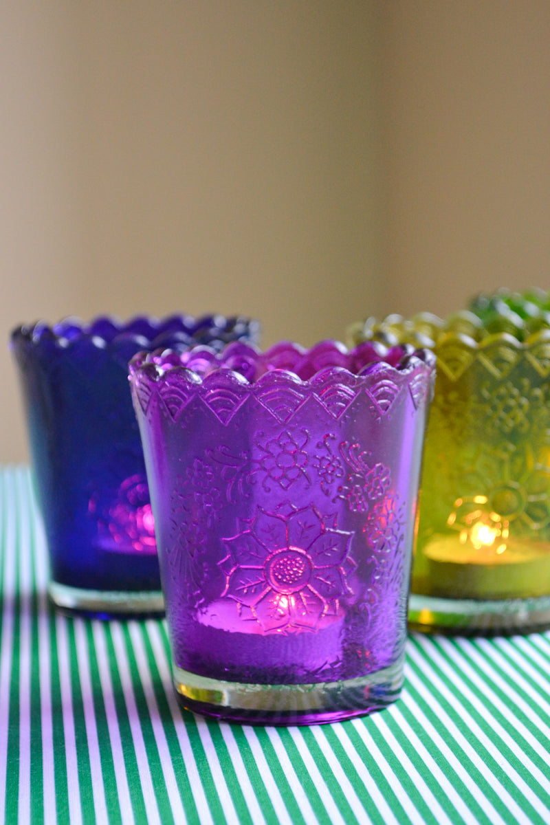 Scalloped Recycled Glass Tea Light Holders - Four Colours Available