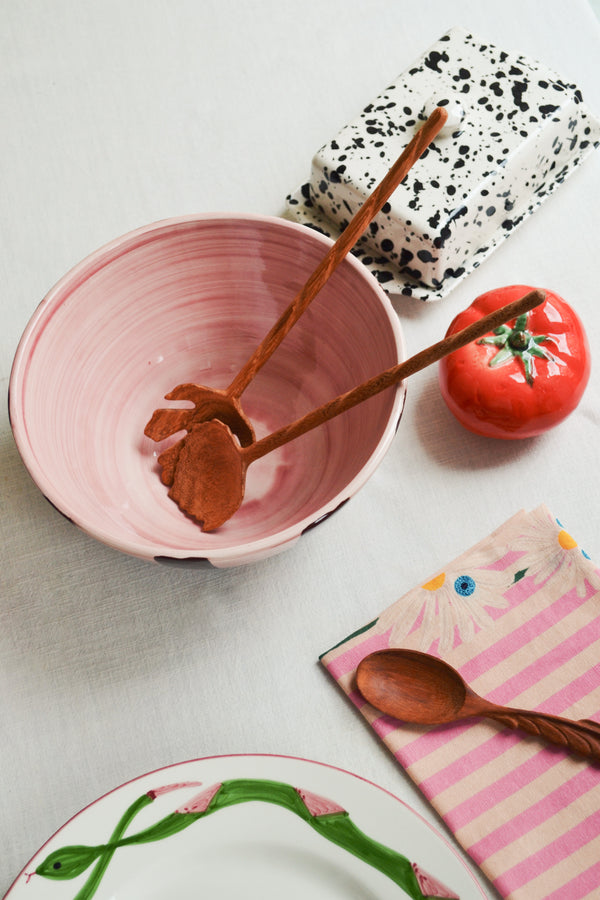 Pink and Brown Stripe Ceramic Salad Bowl