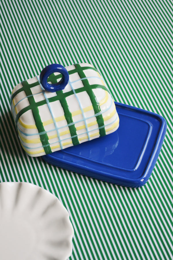 Yellow Green and Blue Plaid Butter Dish