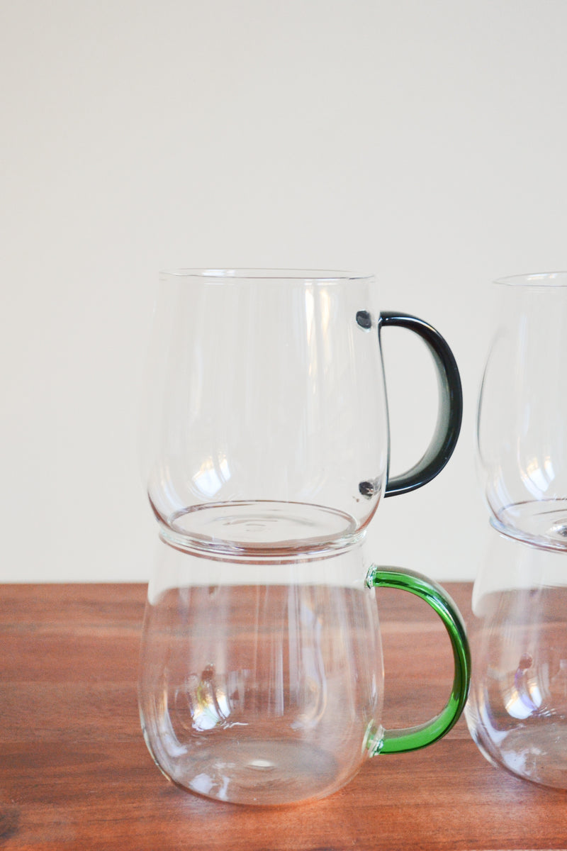 Set of Four Glass Mugs with Coloured Handles