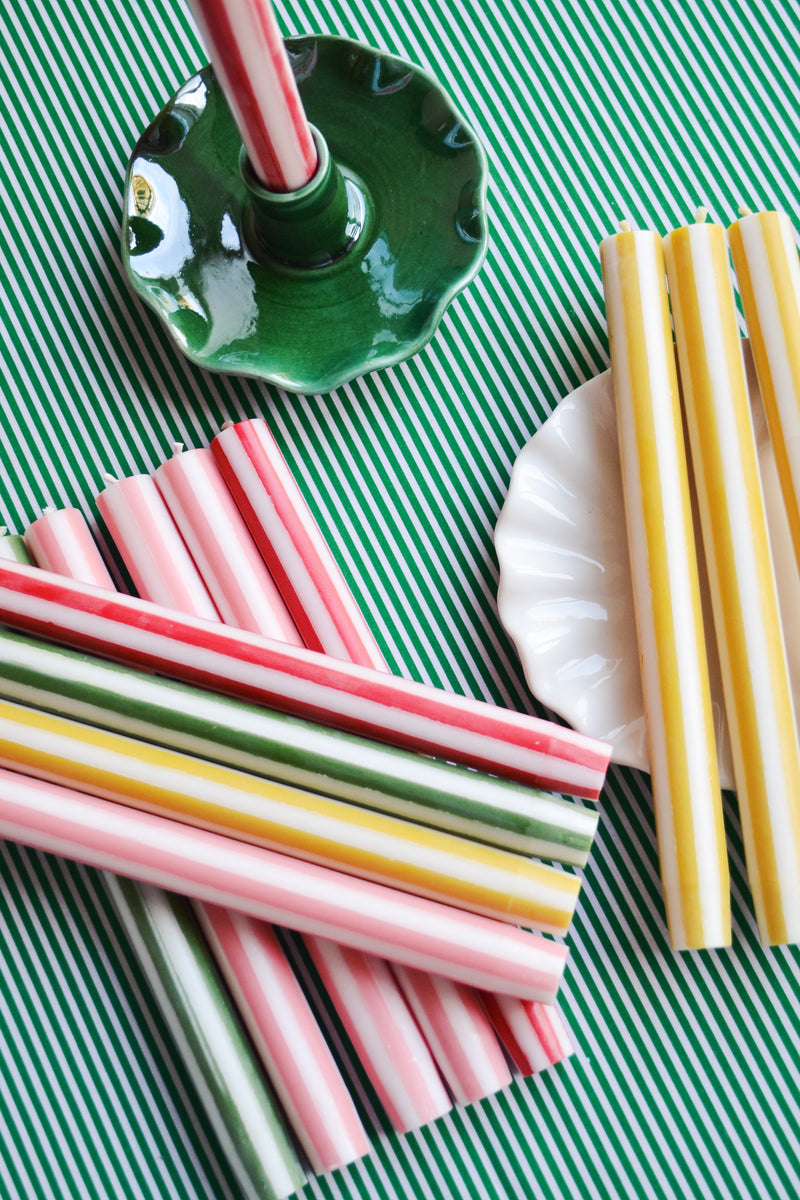 Set of Four Stripe Dinner Candles - Moss Green and White