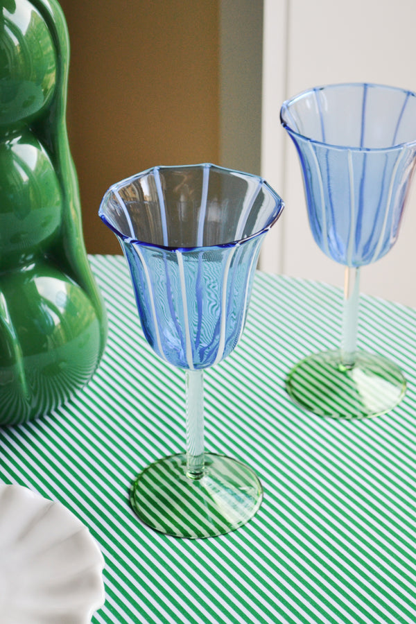 Set of Two Blue and White Stripe Wine Glasses