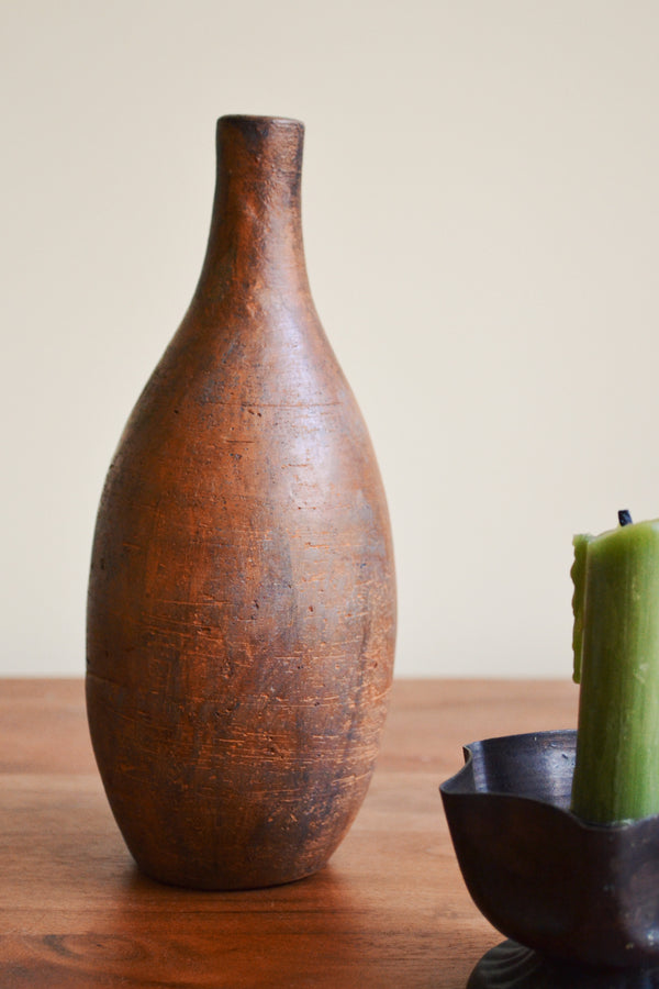 Aged Rustic Terracotta Long Neck Vase - Brown