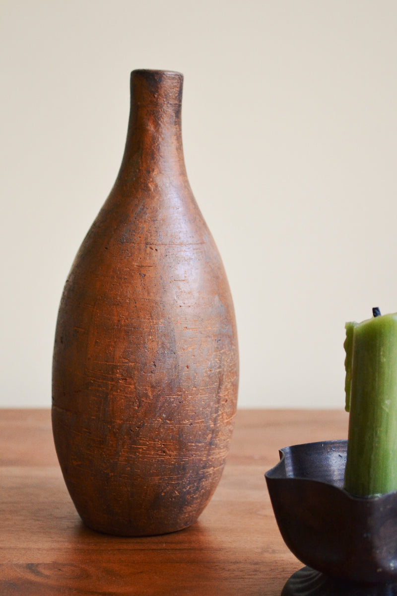 Aged Rustic Terracotta Long Neck Vase - Brown