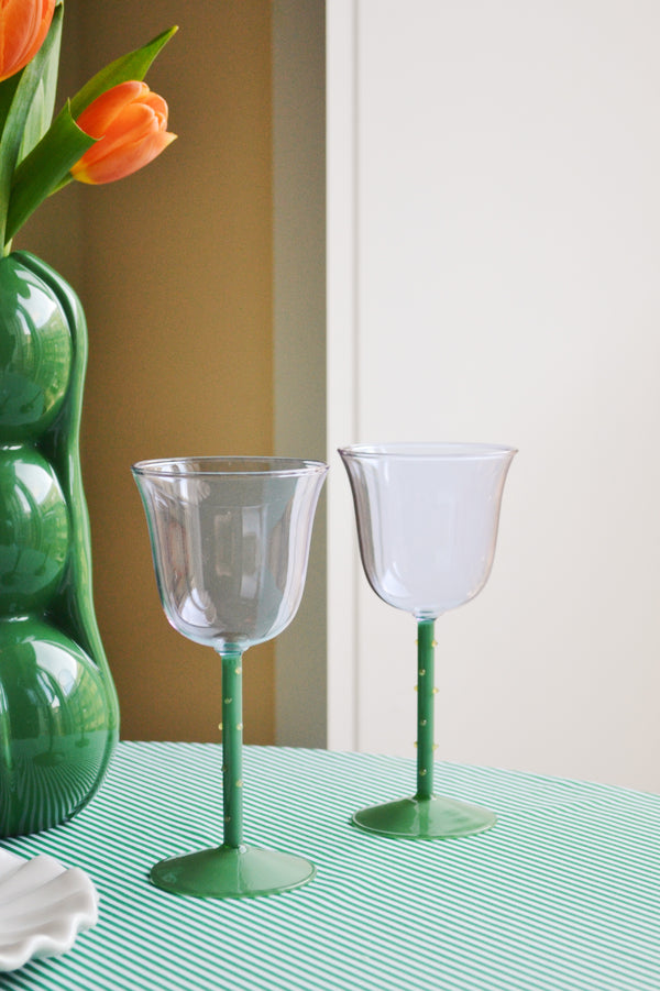 Set of Two Green and Purple Dot Wine Glasses