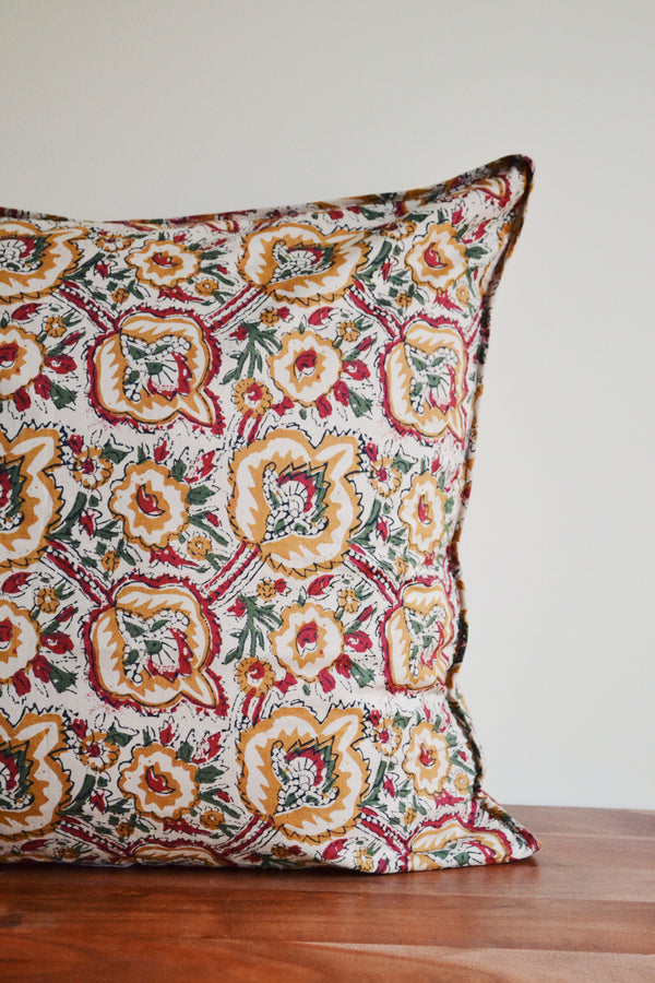 Beige, Tomato, Hemp and Green Printed Floral Cushion