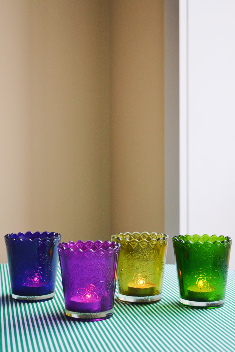 Scalloped Recycled Glass Tea Light Holders - Four Colours Available