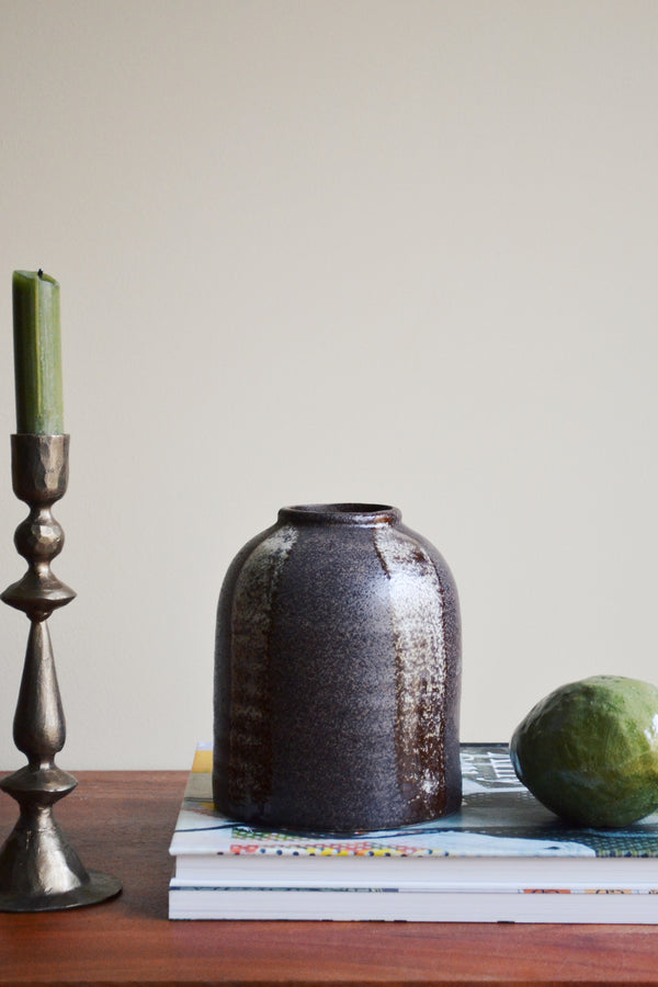 Dark Brown Striped Stoneware Vase