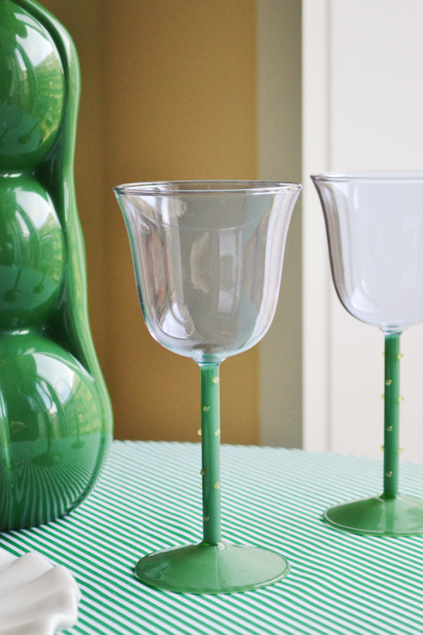 Set of Two Green and Purple Dot Wine Glasses