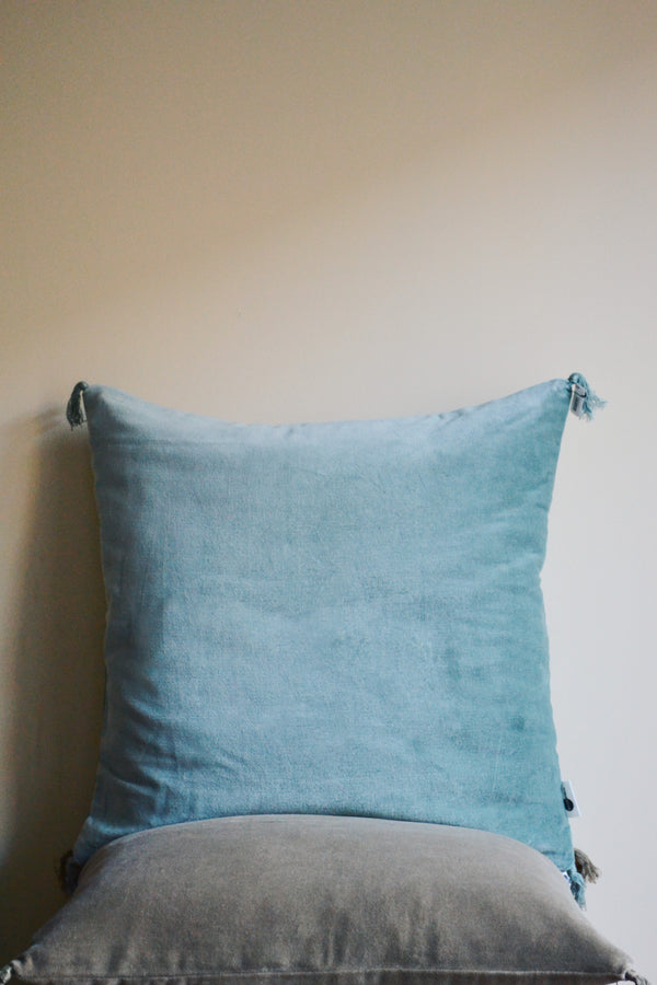 Velvet Cushion with Tassels - Aqua