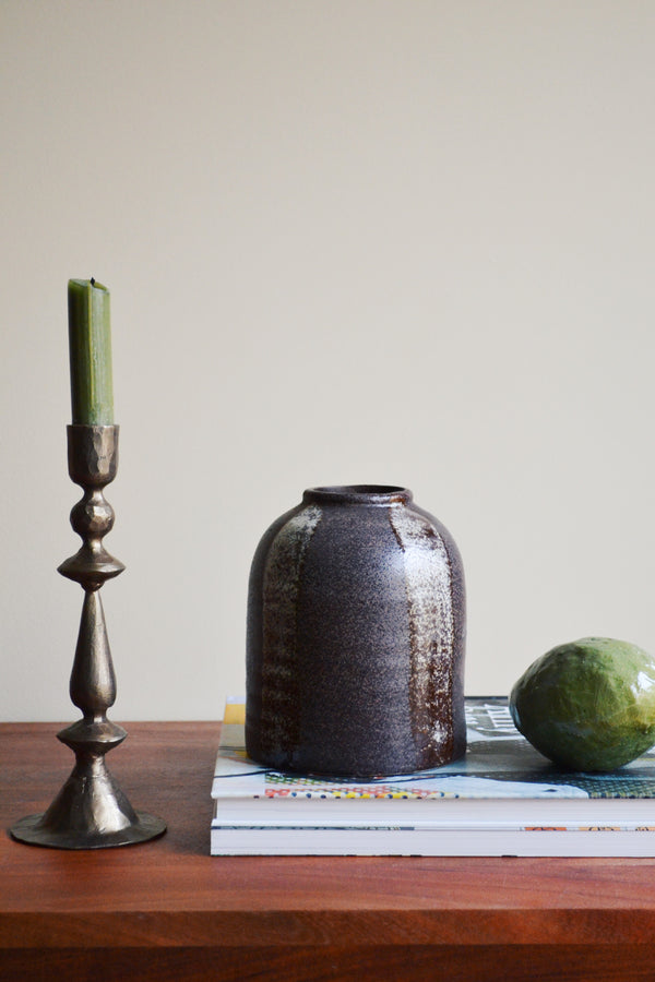 Dark Brown Striped Stoneware Vase