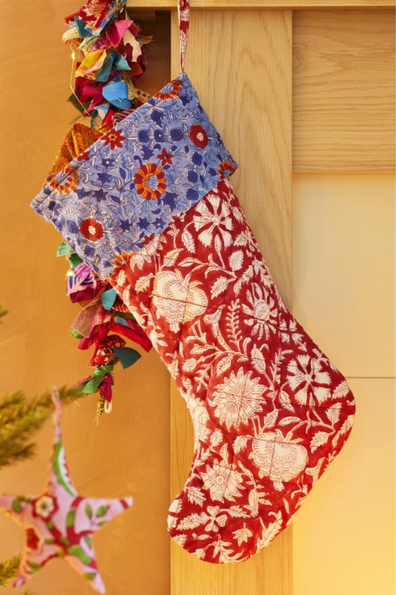 Floral Block Print Stocking - Red