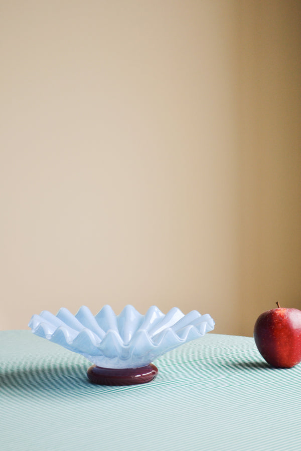 Sky Blue and Bordeaux Pleated Mouth Blown Glass Bowl