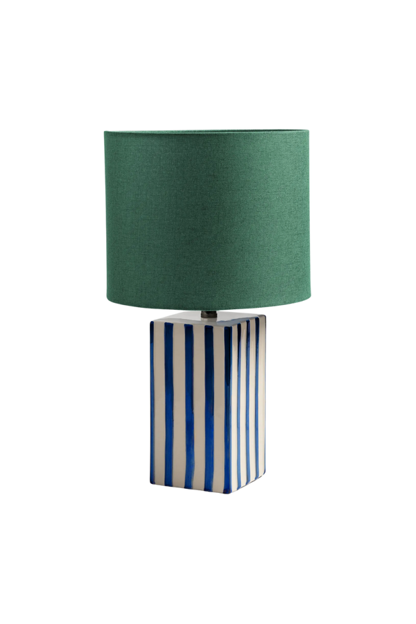 Blue Striped Stoneware Lamp with Green Shade