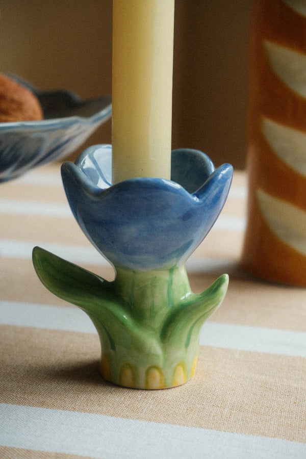 Blue Ceramic Flower Candle Holder