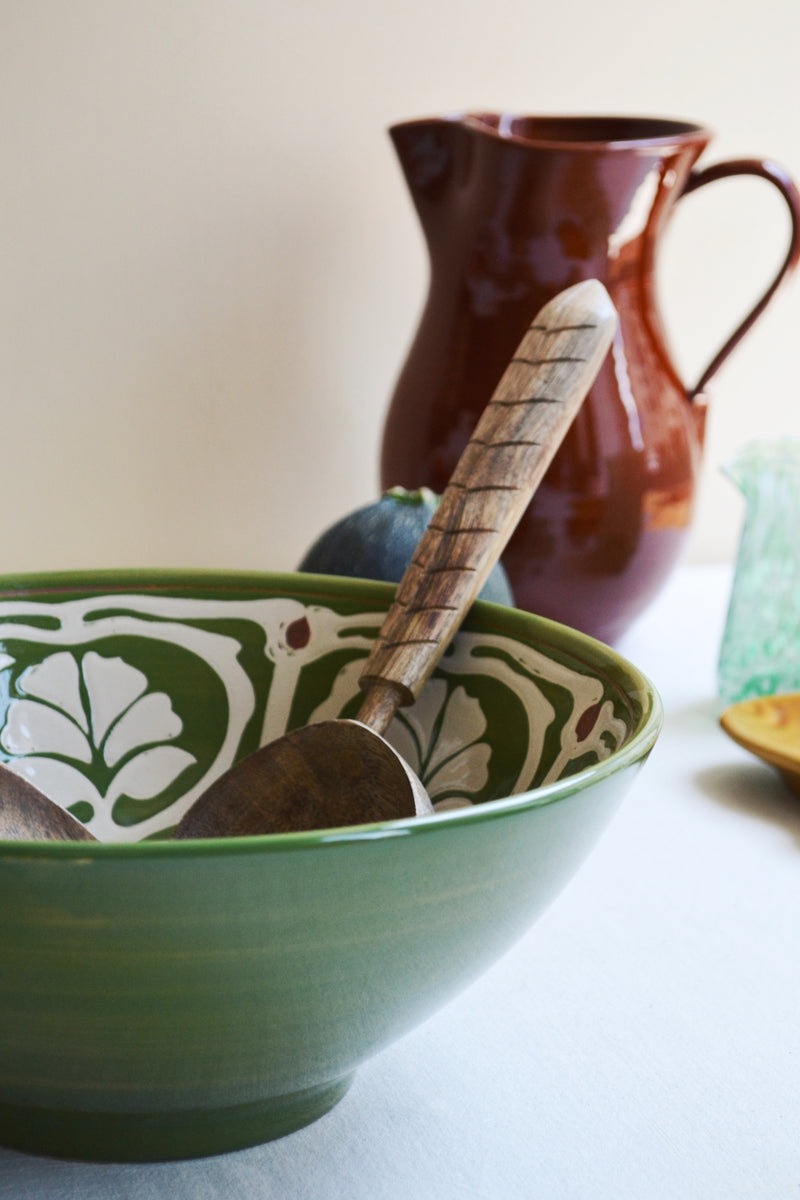 Green Stoneware Hand painted Serving Bowl Spicer and Wood