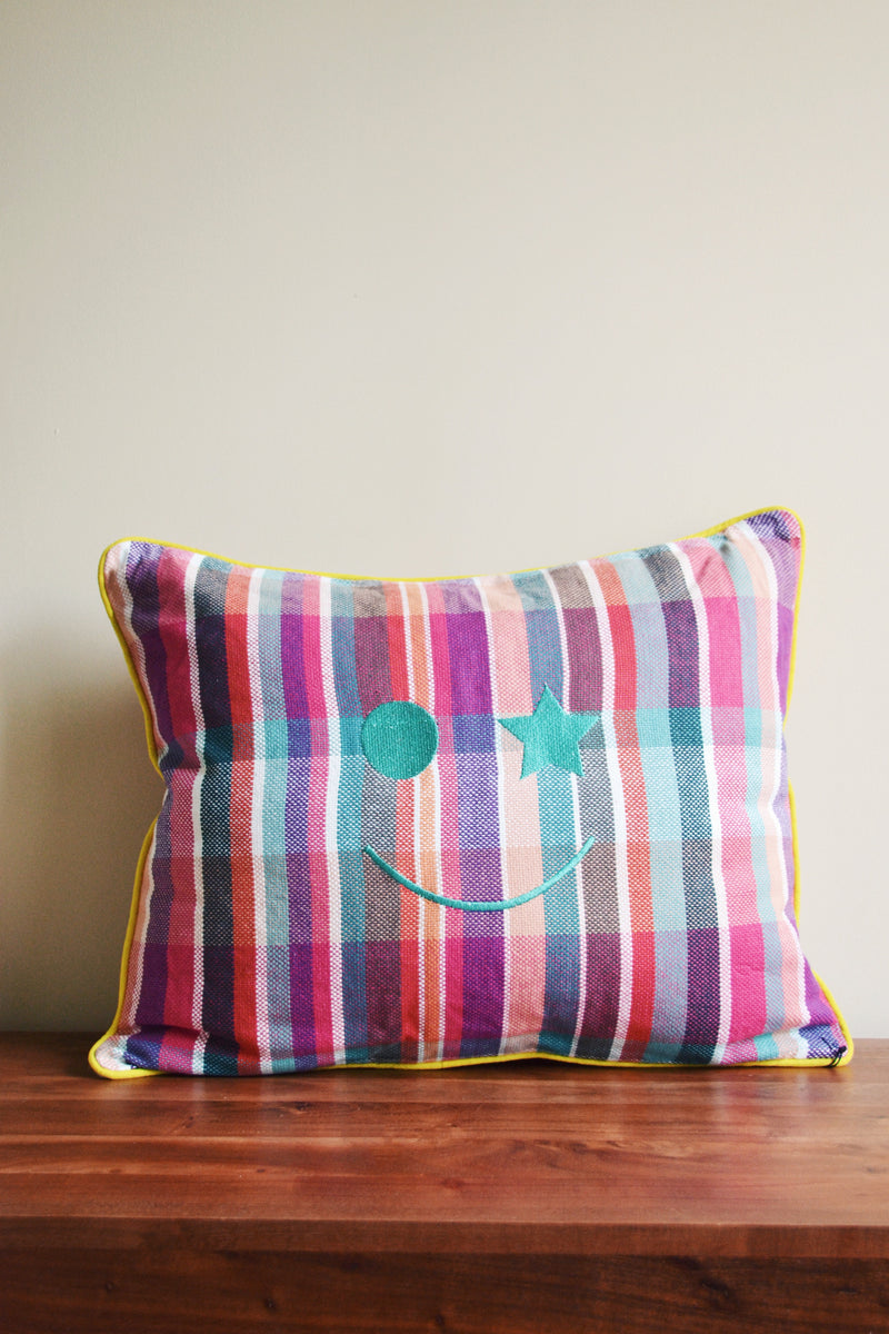 Embroidered Happy Smile Plaid Cushion