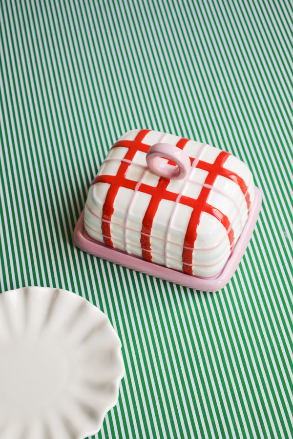 Red and Pink Plaid Butter Dish