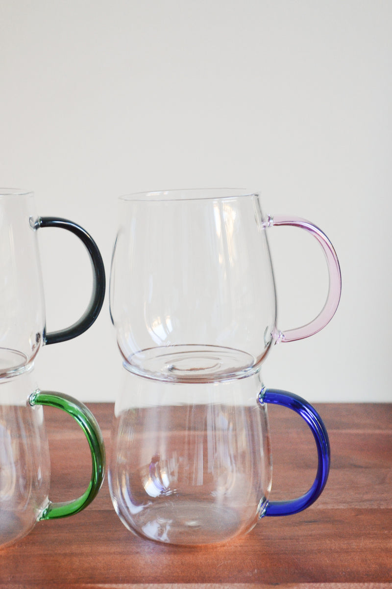 Set of Four Glass Mugs with Coloured Handles