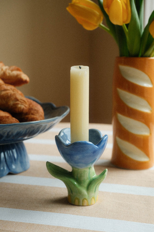 Blue Ceramic Flower Candle Holder