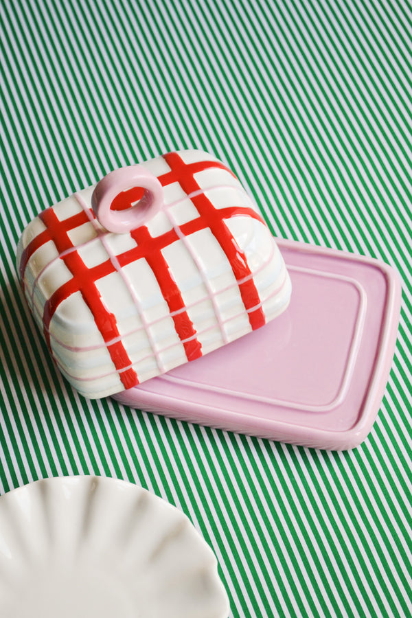 Red and Pink Plaid Butter Dish