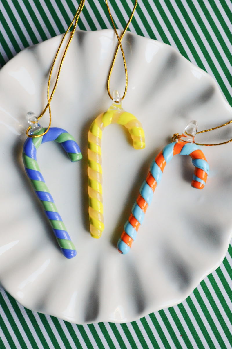 Set of Three Glass Candy Cane Decorations