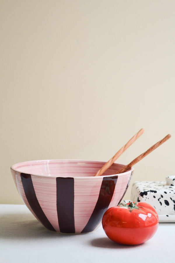 Pink and Brown Stripe Ceramic Salad Bowl