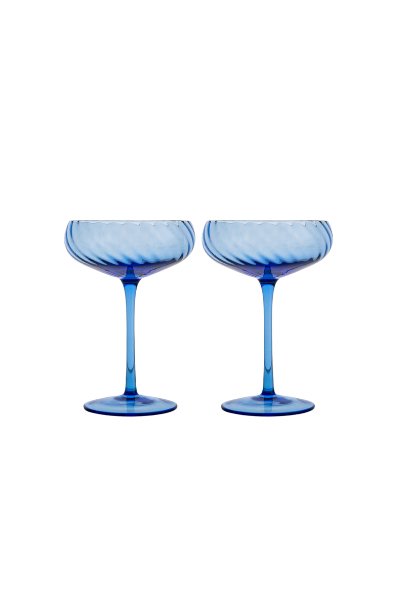 Set of Two Opacity Blue Champagne Glasses Saucers