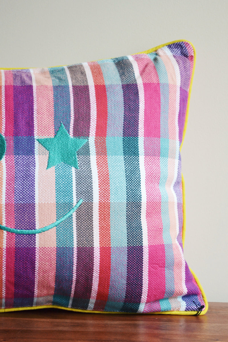 Embroidered Happy Smile Plaid Cushion