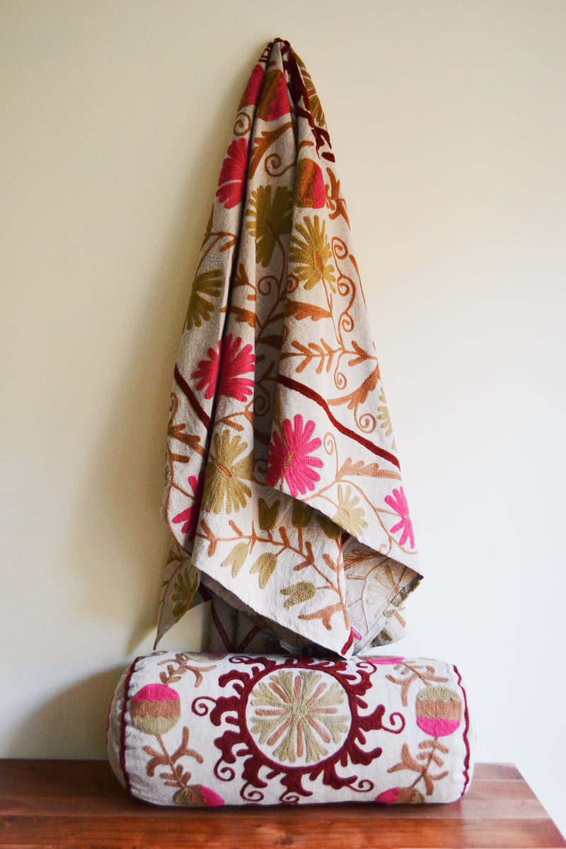 Suzani Embroidered Cotton Throw - Taupe