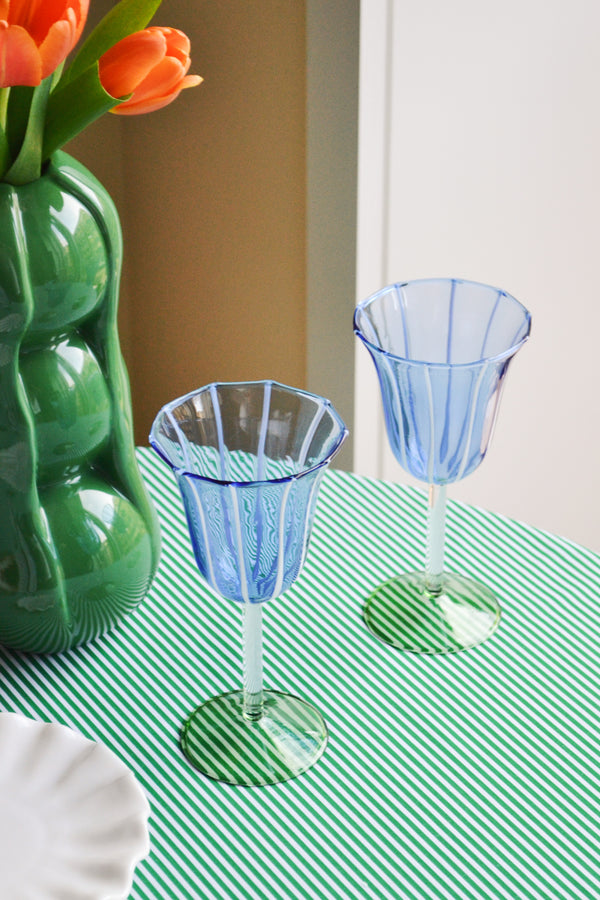 Set of Two Blue and White Stripe Wine Glasses