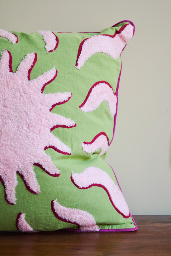 Embroidered Green and Pink Sunshine Cushion