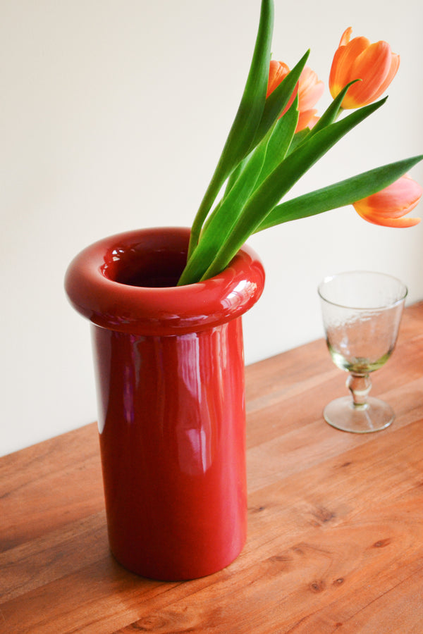 Chunky Burgundy Red Stoneware Vase