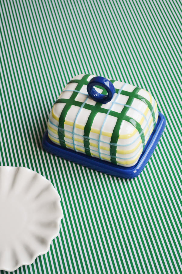 Yellow Green and Blue Plaid Butter Dish