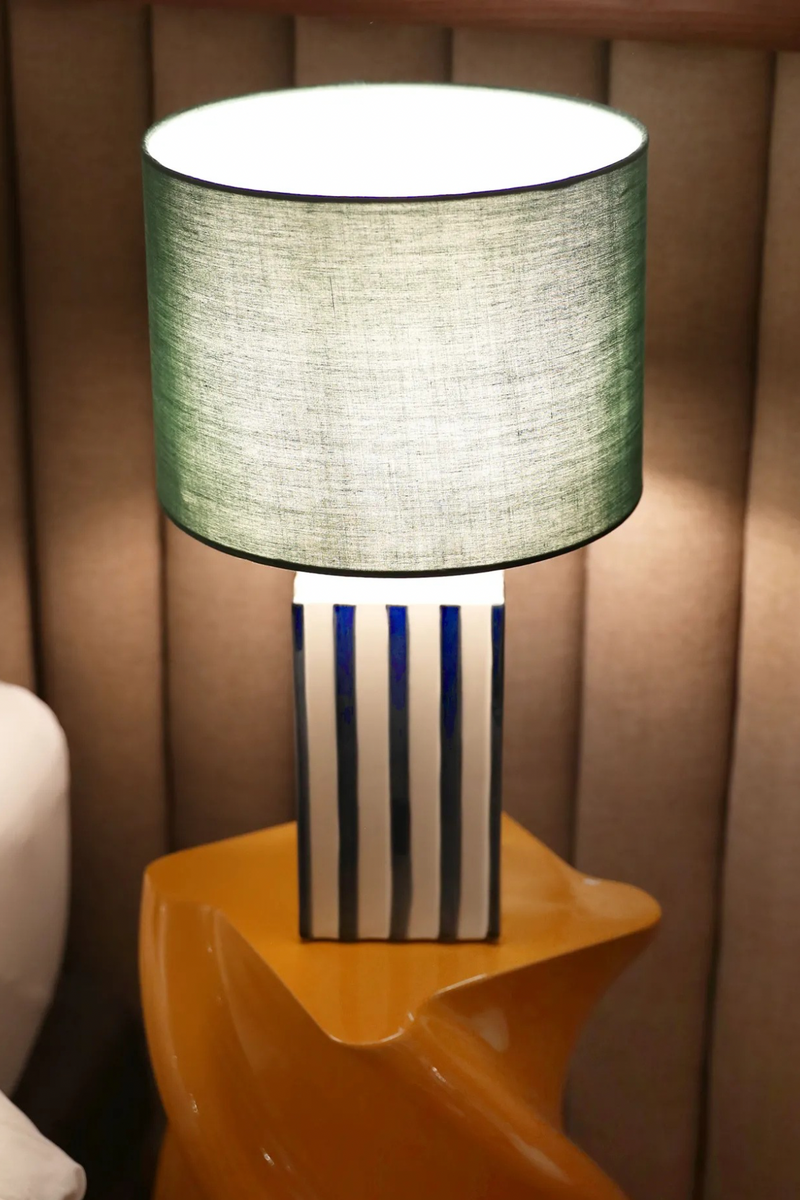 Blue Striped Stoneware Lamp with Green Shade