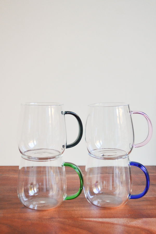 Set of Four Glass Mugs with Coloured Handles